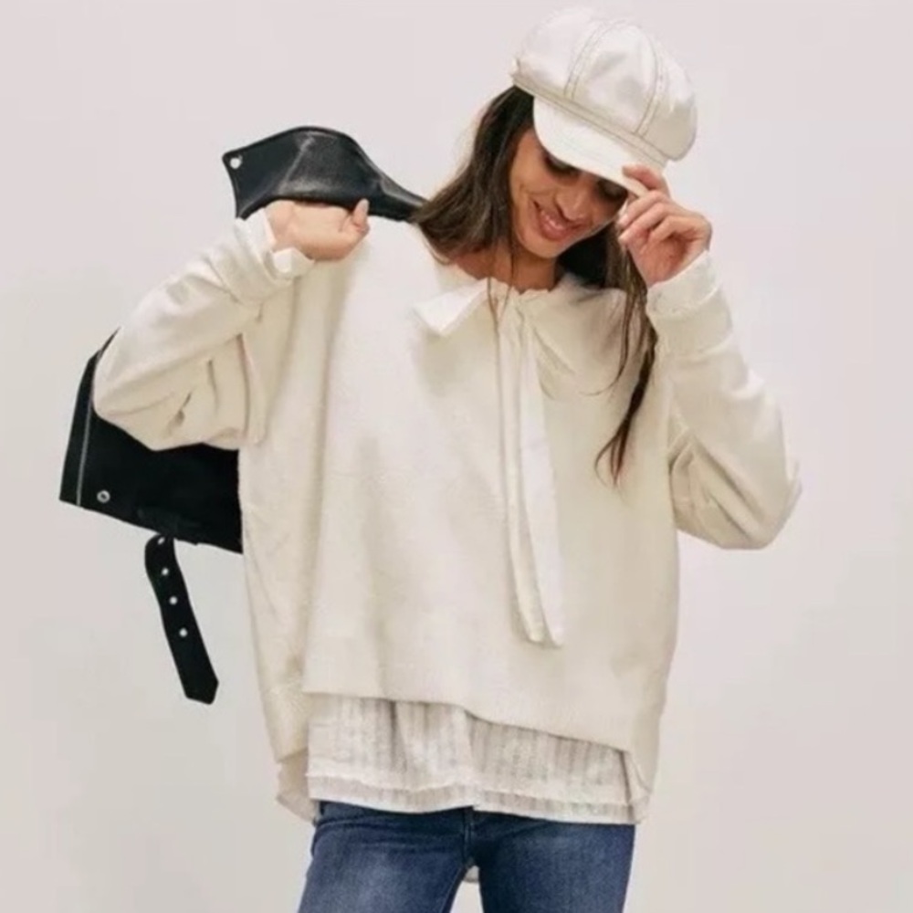 Free People Luna Pullover Sweater in White Size Small NWT NEW